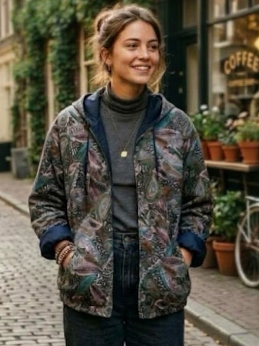 Vintage Reversible Hooded Jacket Paisley Print Solid Navy Blue Boho Windbreaker